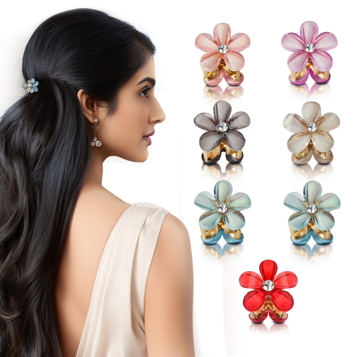 Sanas Shiny Stone Flower Clips - 7Pcs