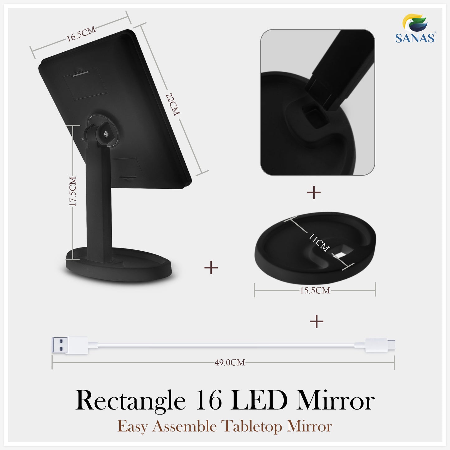 Sanas Black Rectangle 16 LED Mirror - 1Pc