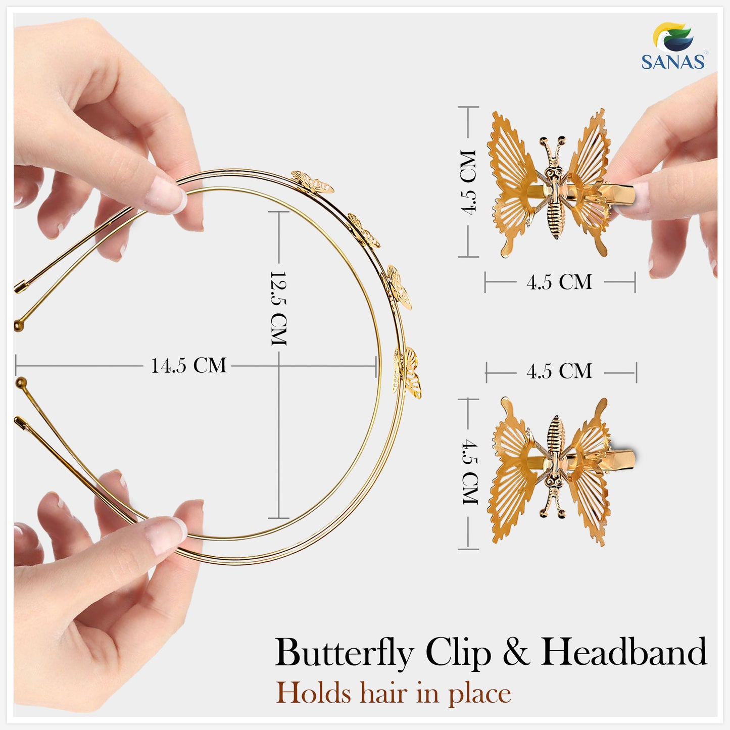 Sanas Butterfly Clip Metal Hairband and Clip - 4Pcs