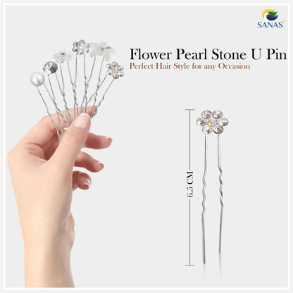 Sanas Flower Rhinestone and Pearl Head U Pin - 30Pcs