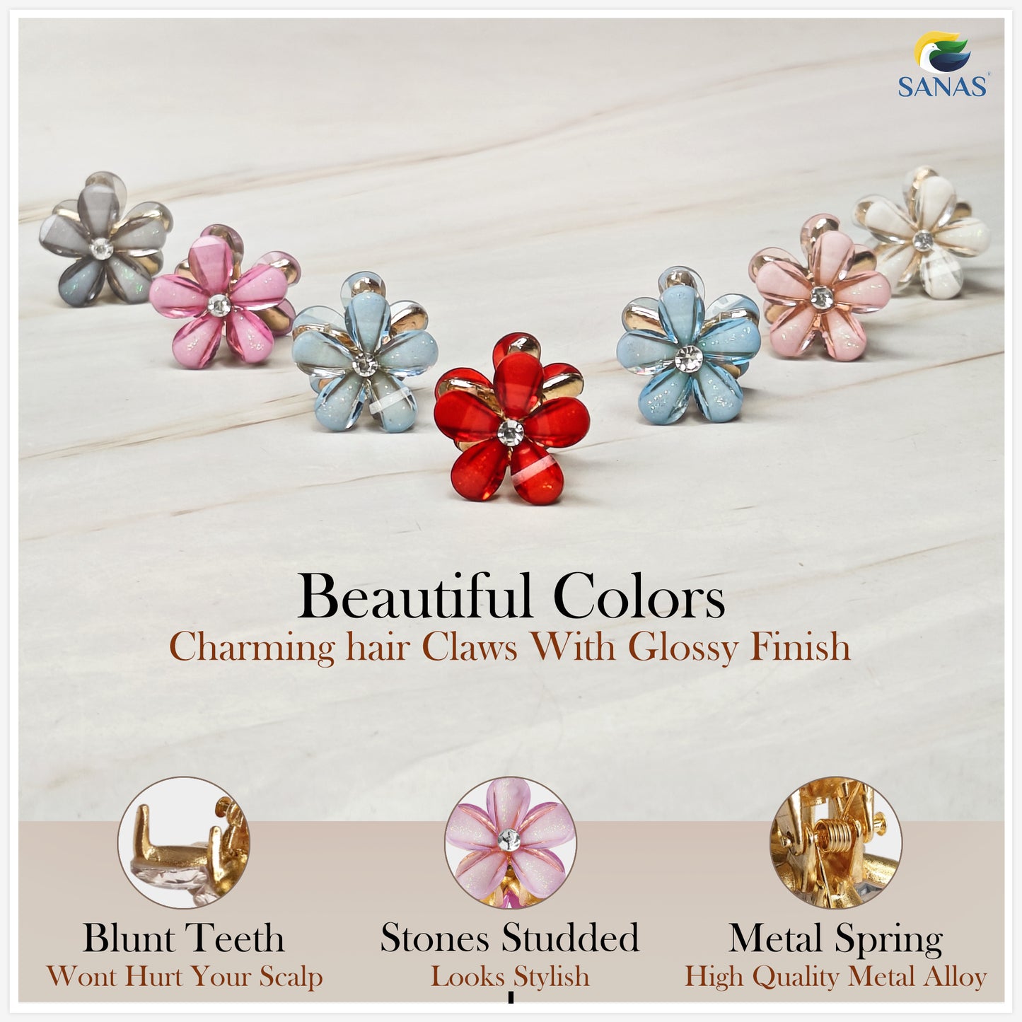 Sanas Shiny Stone Flower Clips - 7Pcs