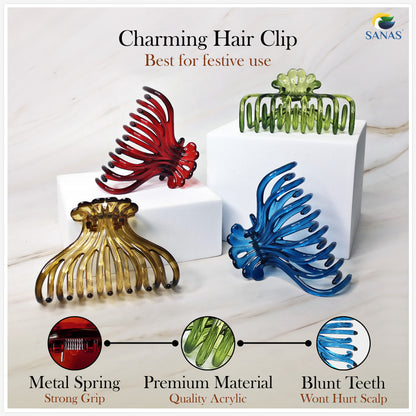 Sanas Multicolor Big Acrylic Tree Hair Clip - 4Pcs