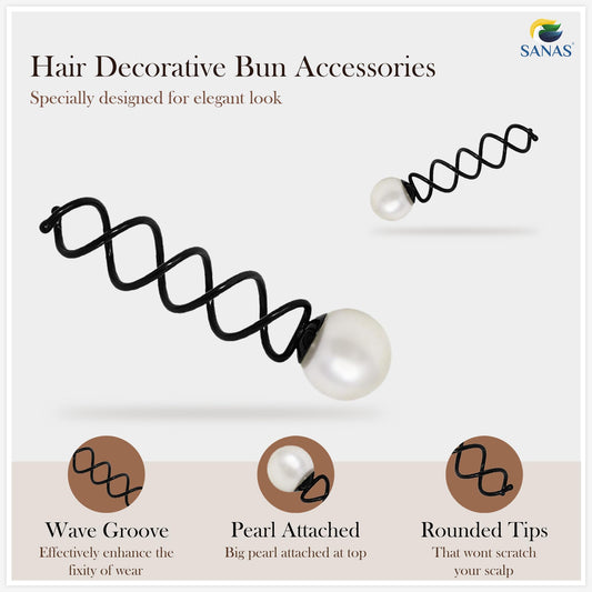 Sanas Spiral Pearl Hair Pins Decoration Stylish for Girls & Women Black