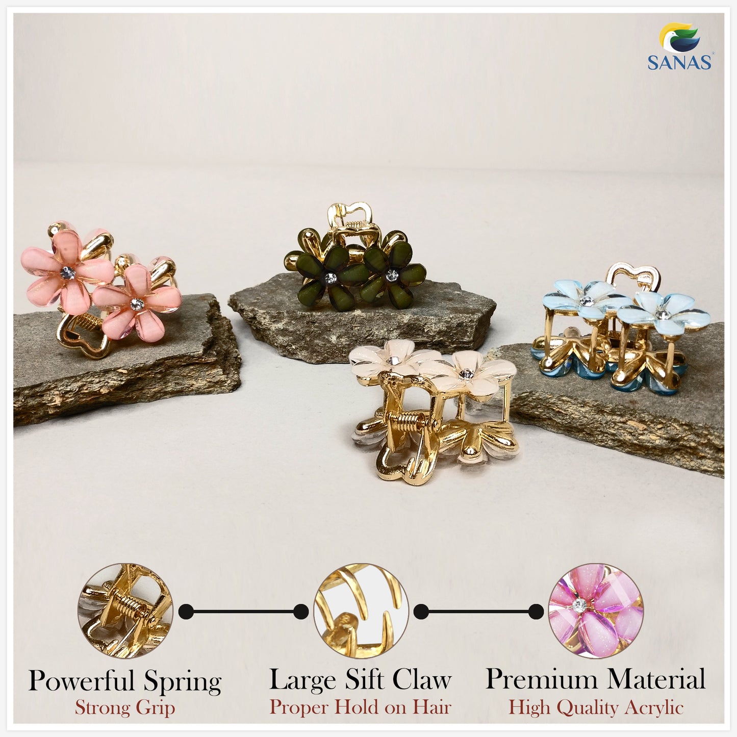 Sanas Double Shiny Stone Flower Clips - 5Pcs