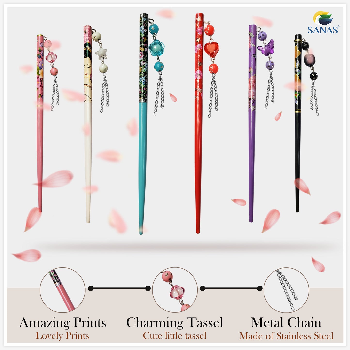 "Set of six colorful decorative hair sticks with attached beaded charms. Each stick features intricate designs, including floral patterns, geisha motifs, and heart or butterfly-shaped charms hanging from chains. The sticks come in a variety of colors: pink, white, teal, red, purple, and black, each with unique adornments."