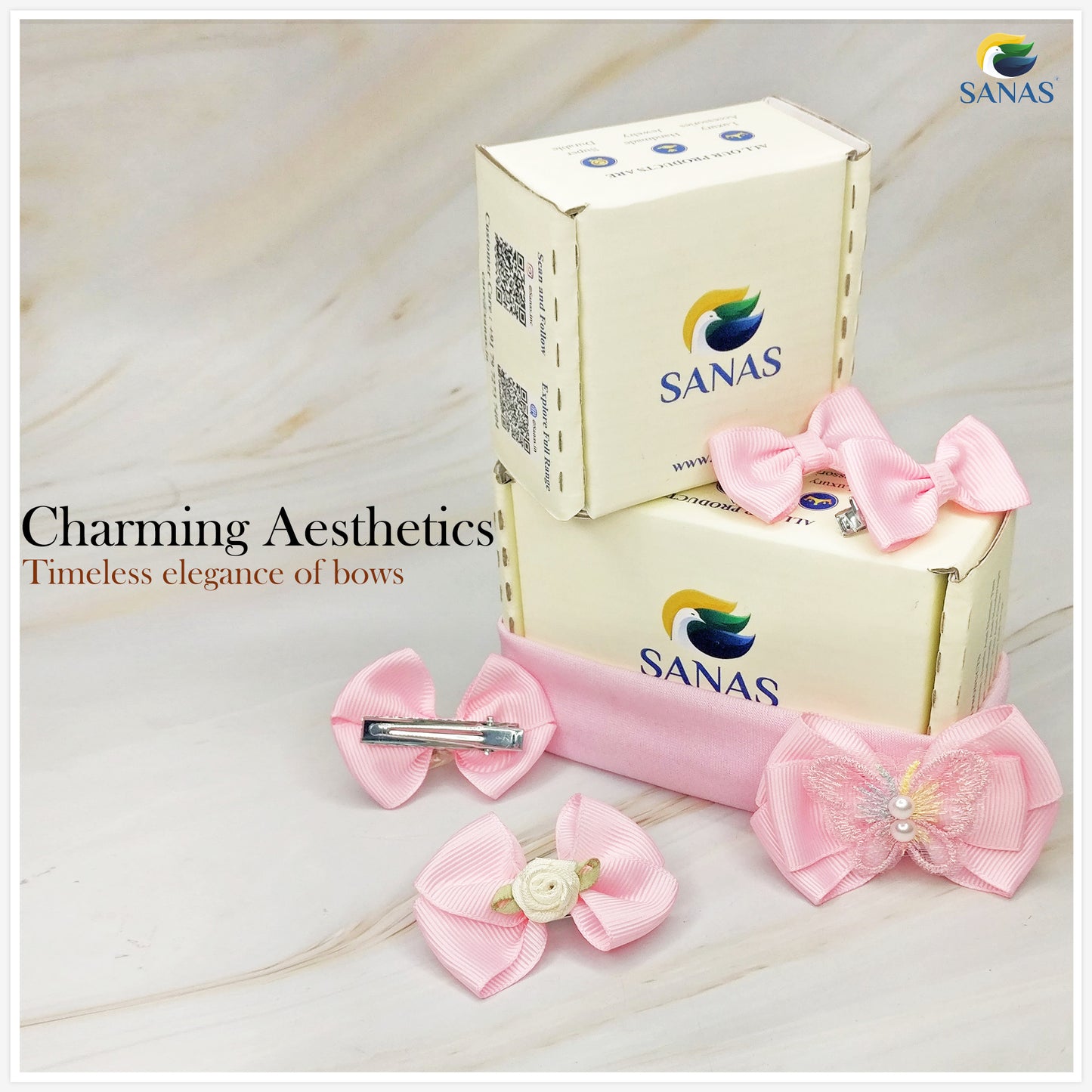 Sanas Pink Bow Headband & Clip - 5Pcs