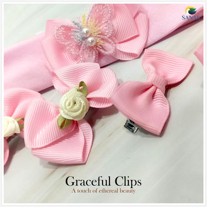 Sanas Pink Bow Headband & Clip - 5Pcs