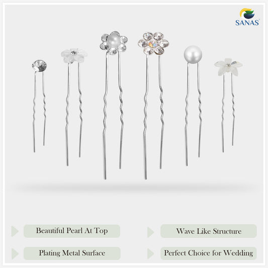 Sanas Flower Rhinestone and Pearl Head U Pin - 30Pcs