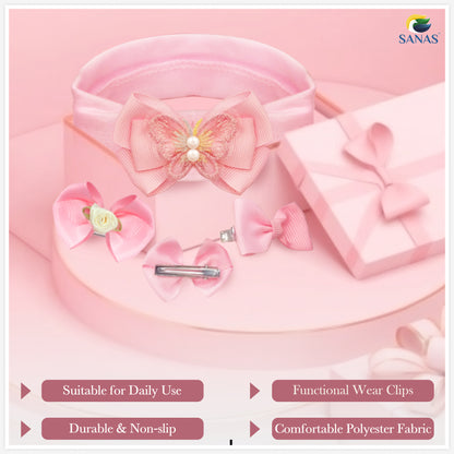 Sanas Pink Bow Headband & Clip - 5Pcs