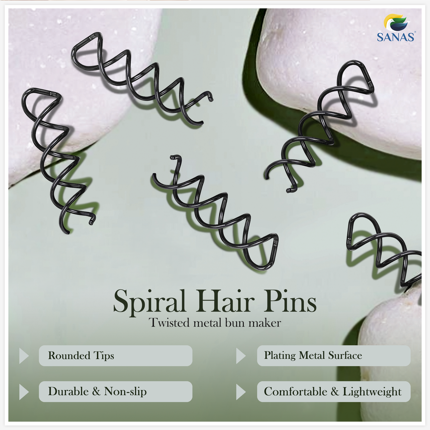 Sanas Spiral Clip Pins Black - 5Pcs