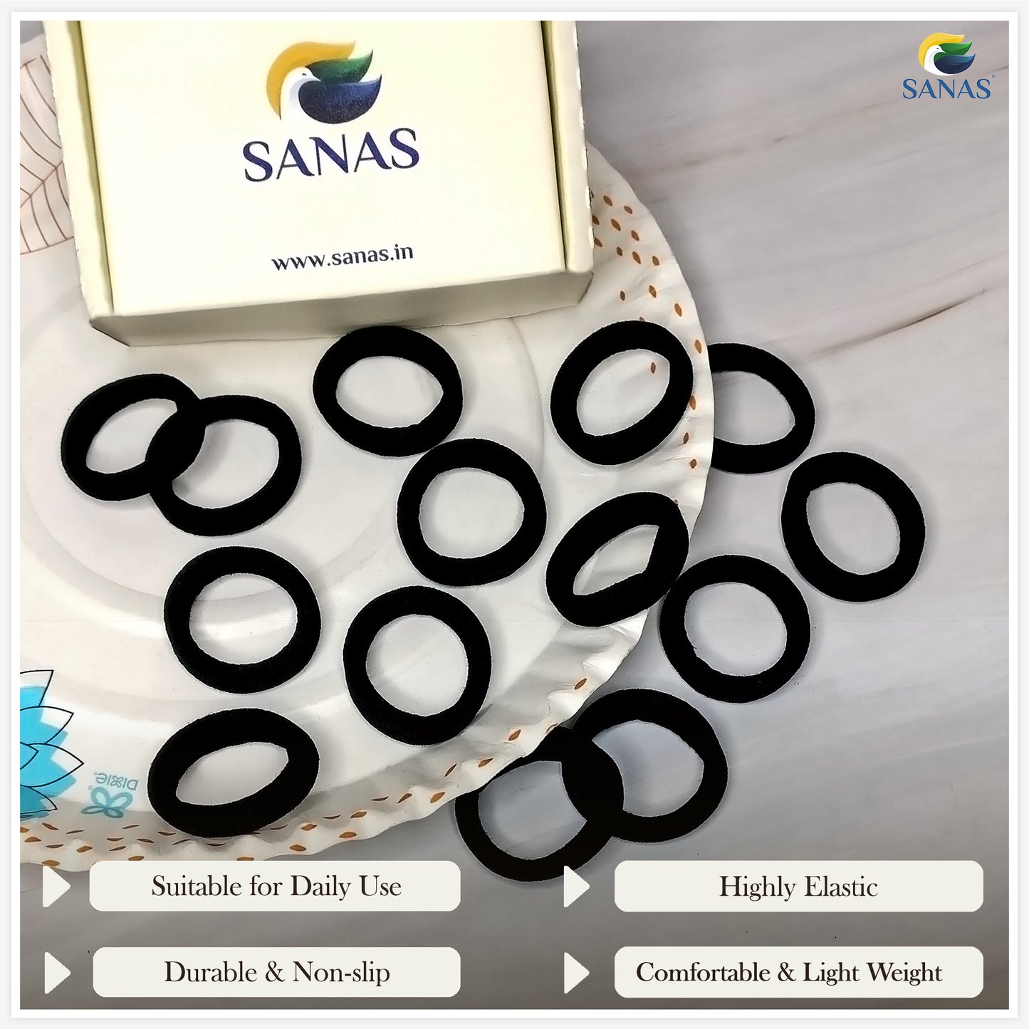 Sanas Elastic Bands For Girls Black - 15Pcs