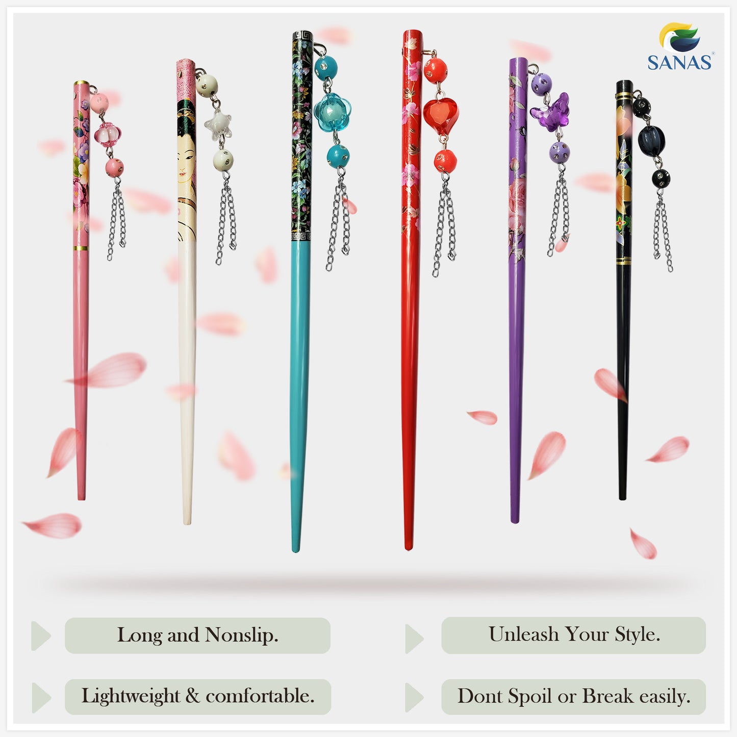 "Set of six colorful decorative hair sticks with attached beaded charms. Each stick features intricate designs, including floral patterns, geisha motifs, and heart or butterfly-shaped charms hanging from chains. The sticks come in a variety of colors: pink, white, teal, red, purple, and black, each with unique adornments."