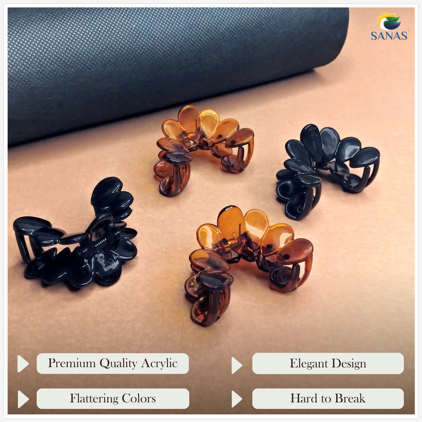 Sanas Korean Acrylic Stylish Medium Clips - 4Pcs