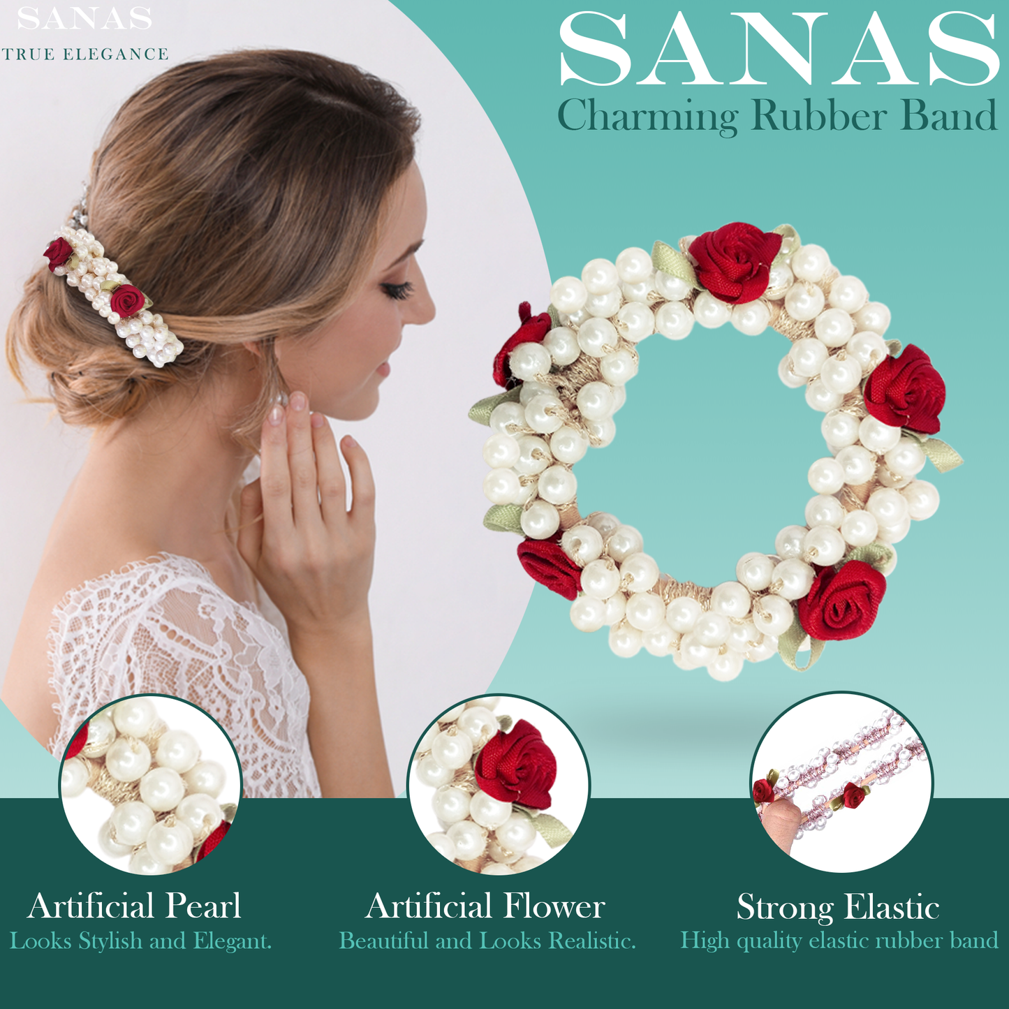 Sanas Pearl Flower Rubber Band - 5Pcs