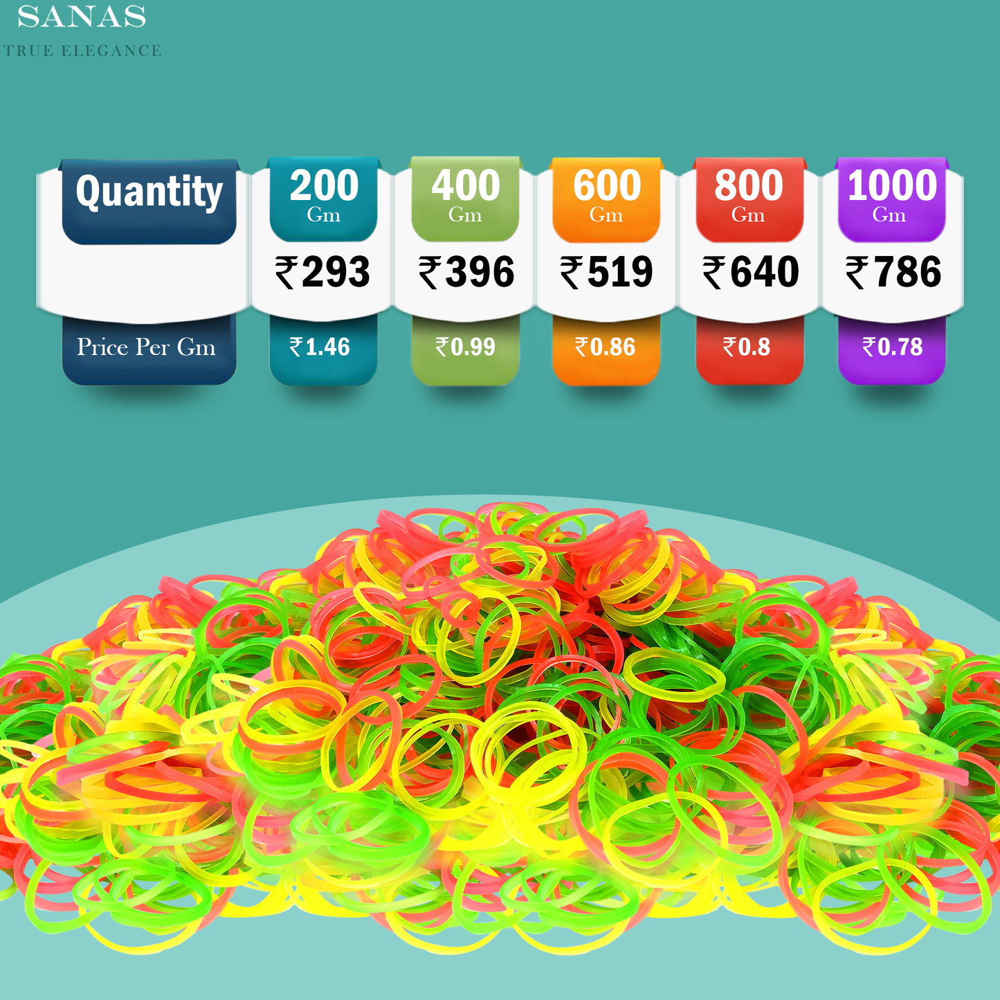 Sanas Nylon Rubber Bands Assorted Colours - Pack of 100 gms