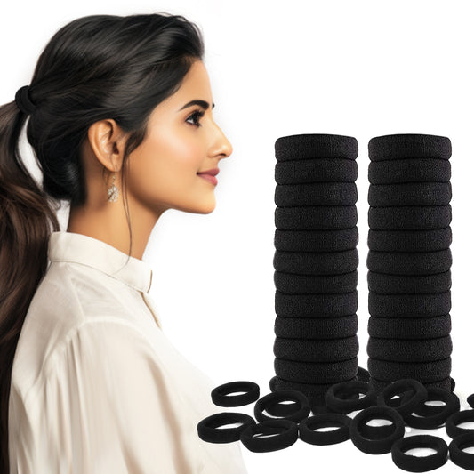 "Set of black elastic hair ties stacked together, with an example of a woman wearing a sleek ponytail secured by one of the hair ties. The hair ties are thick, durable, and ideal for holding hair securely in place."