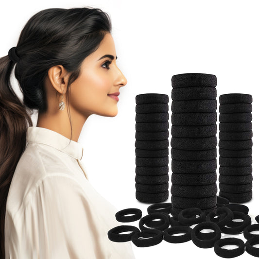 "Set of black elastic hair ties stacked together, with an example of a woman wearing a sleek ponytail secured by one of the hair ties. The hair ties are thick, durable, and ideal for holding hair securely in place."