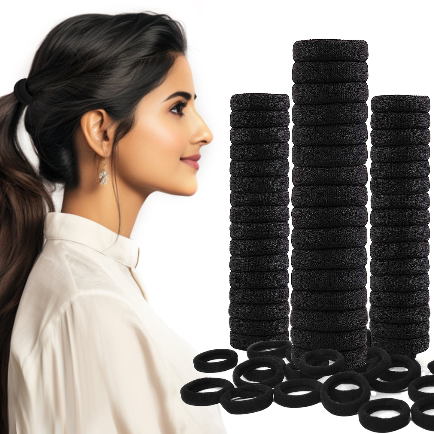 "Set of black elastic hair ties stacked together, with an example of a woman wearing a sleek ponytail secured by one of the hair ties. The hair ties are thick, durable, and ideal for holding hair securely in place."