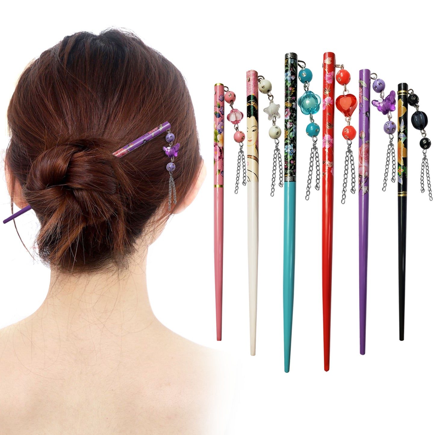 "Set of six colorful decorative hair sticks with attached beaded charms. Each stick features intricate designs, including floral patterns, geisha motifs, and heart or butterfly-shaped charms hanging from chains. The sticks come in a variety of colors: pink, white, teal, red, purple, and black, each with unique adornments."