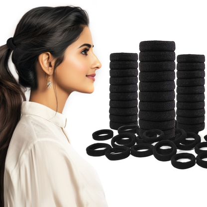 "Set of black elastic hair ties stacked together, with an example of a woman wearing a sleek ponytail secured by one of the hair ties. The hair ties are thick, durable, and ideal for holding hair securely in place."