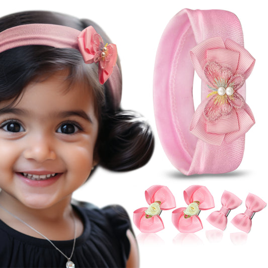 Sanas Pink Bow Headband & Clip - 5Pcs