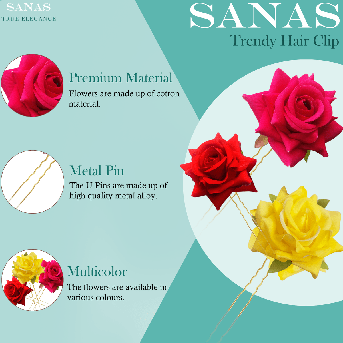 Sanas Artificial Color Roses Pin for Hair - 4Pcs